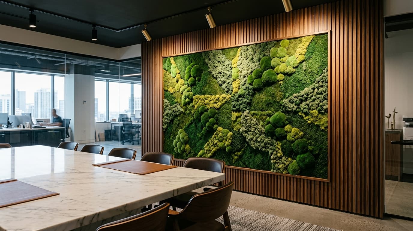 Preserved moss wall in executive boardroom